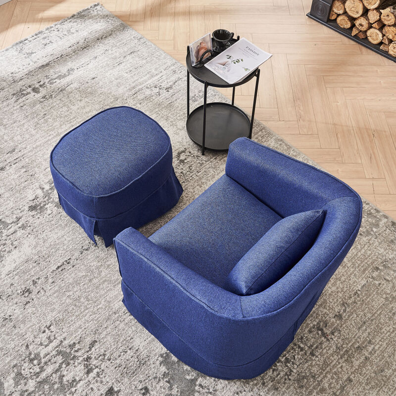 Blue Swivel Barrel Chair Set with Ottoman & Metal Base