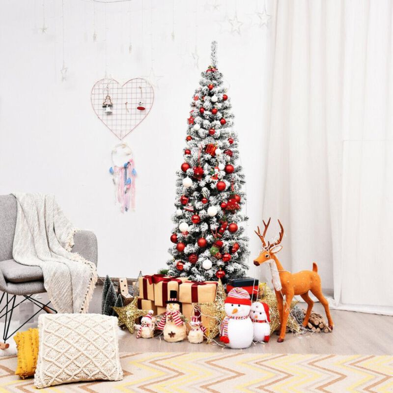 Hivvago 6 Feet Unlit Hinged Snow Flocked Artificial Pencil Christmas Tree with 500 Branch Tip