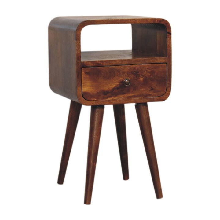 Mini Chestnut Curved 1 Drawer Nightstand  with Open Slot