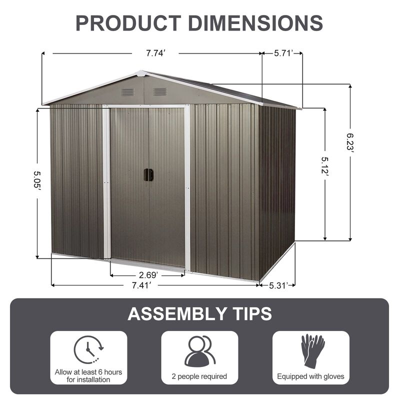 MONDAWE 8ft x 6ft Outdoor Metal Storage Shed with Floor Base,Gray