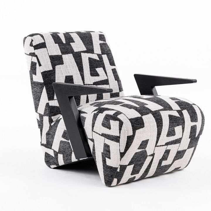 27 Inch Accent Chair, Polyester Black and White Geometric Pattern Print - Benzara