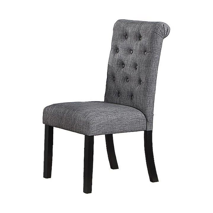 Jie 25 Inch Dining Chair, Tufted Gray Upholstery, Rolled Top, Black Wood - Benzara
