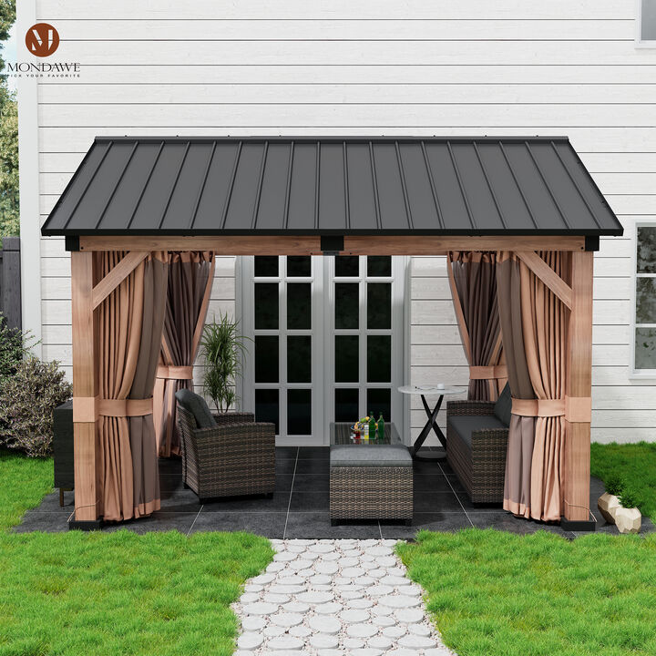 MONDAWE 13 ft. x 11 ft. Patio Hardtop Gazebo Gable Roof  Aluminium Frame Galvanized Steel Top with Curtain and Netting