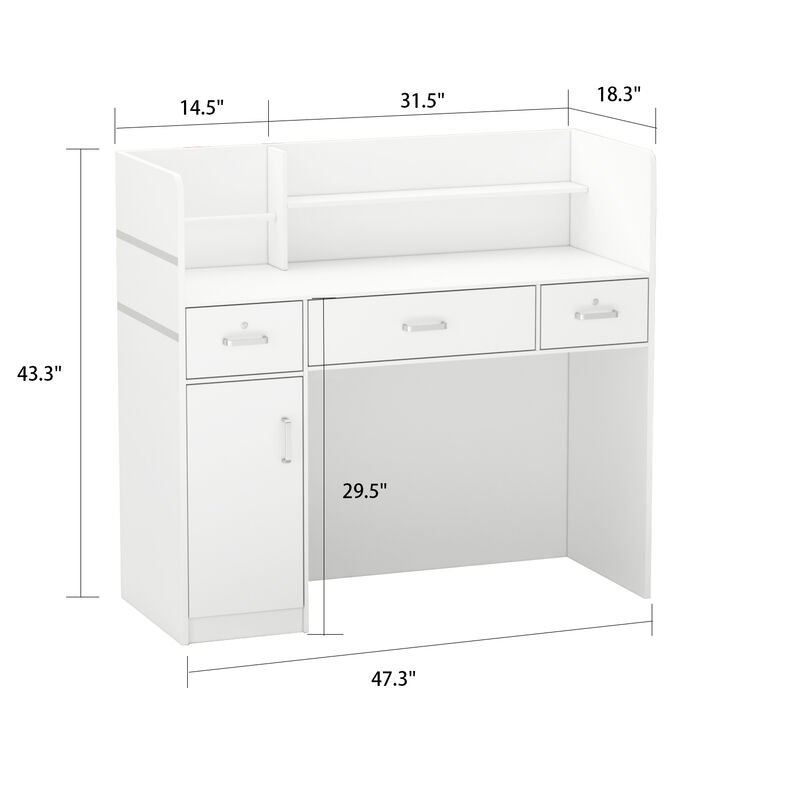 47.2 in. Rectangle White Wooden Desk with 3-Drawers, Cabinet and Shelves
