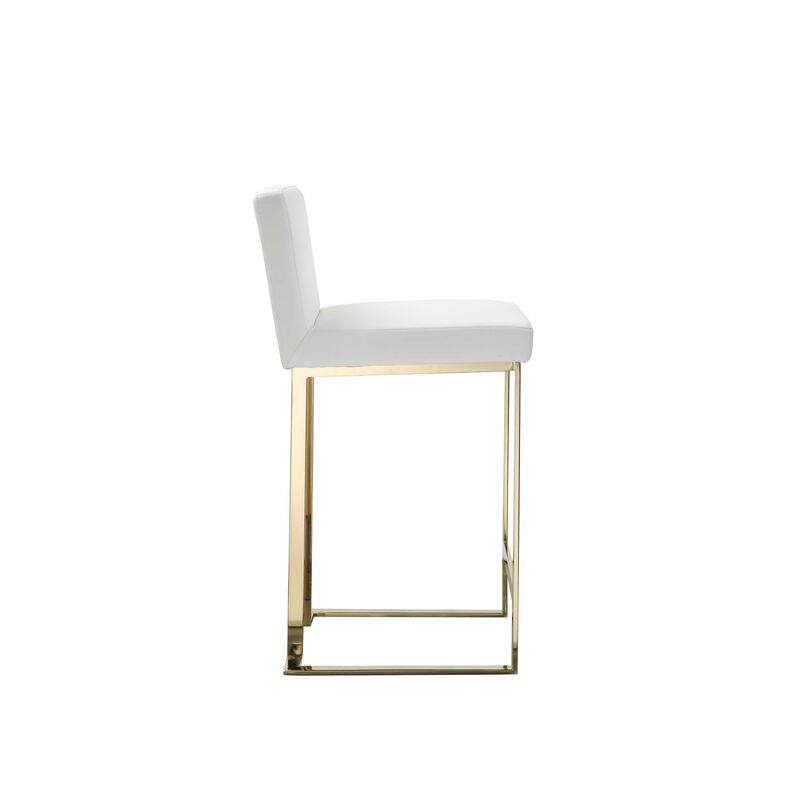 Boly 26 Inch Counter Stool, Cushioned White Faux Leather, Gold Cantilever - Benzara