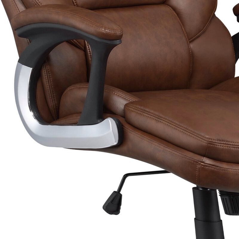 Leatherette Office Chair with Cushioned Back and Metal Star Base, Brown-Benzara
