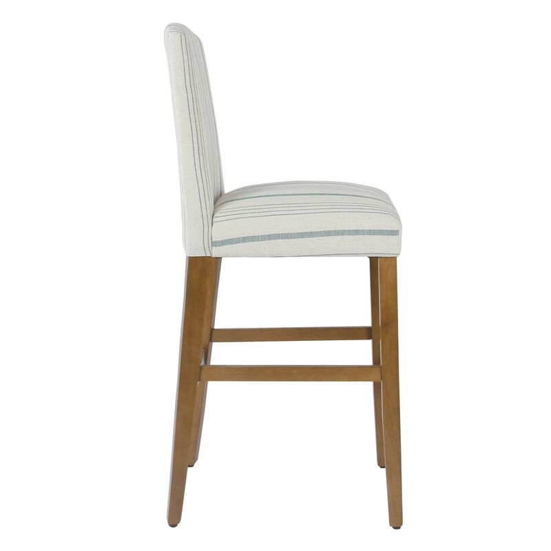Fabric Upholstered Wooden Barstool with Striped Cushioned Seat, White and Blue - Benzara