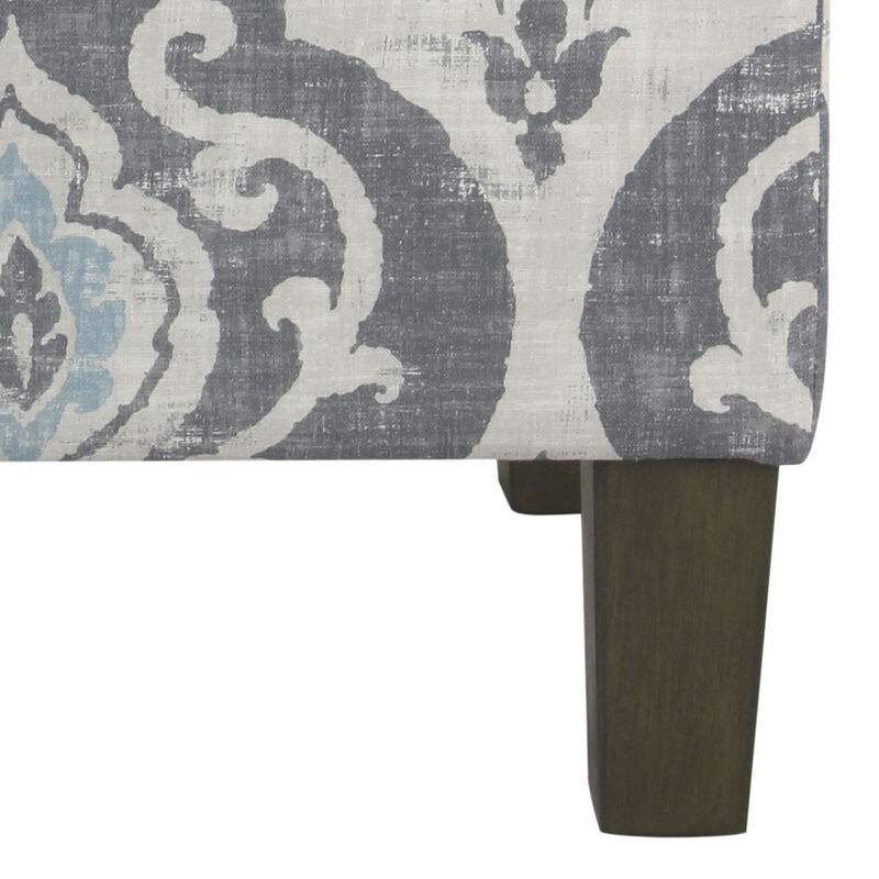 Wooden Ottoman with Patterned Fabric Upholstery and Hidden Storage, Gray and Blue - Benzara
