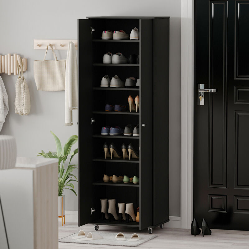 23.6 in. W x 70.9 in. H 24-Pair Black Wood 2-Door Shoe Storage Cabinet with Wheels