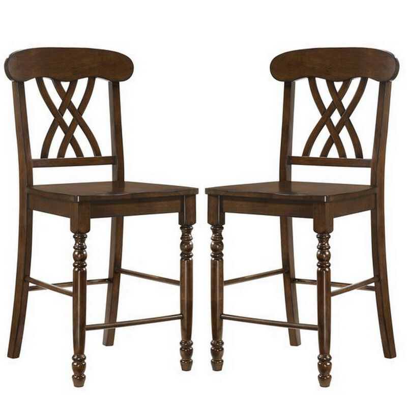 Counter Height Chair with Overlapping X Back, Set of 2, Brown-Benzara