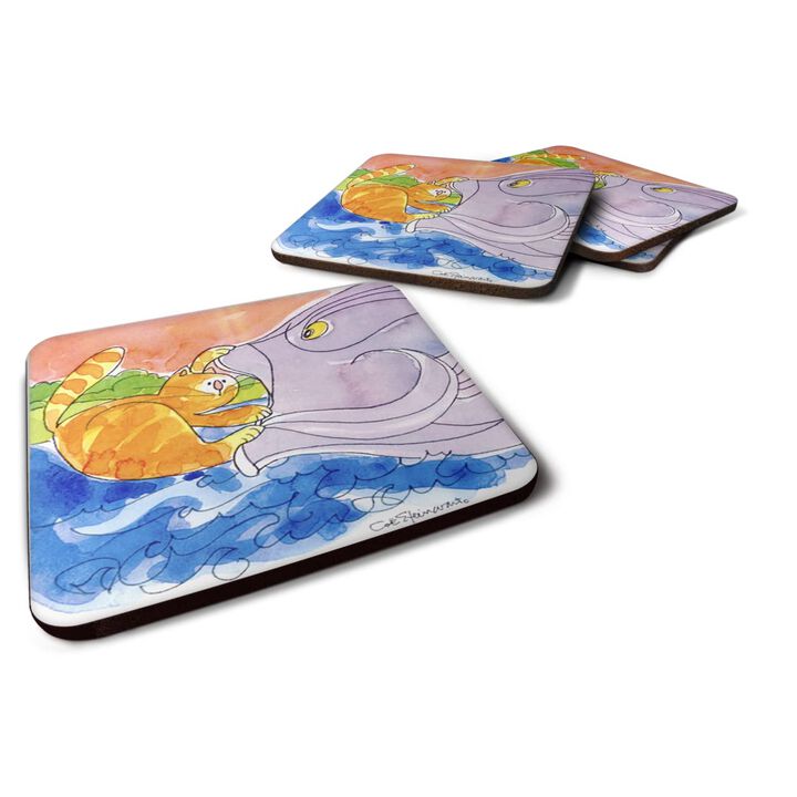 Caroline's Treasures 6103FC Cat and the Big Fish Foam Coasters (Set of 4), 3.5 H x 3.5 W, Multicolor