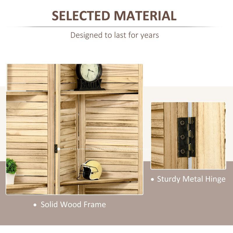 Natural Wood Separator: 4-Panel 5.5ft Room Divider with Shelves