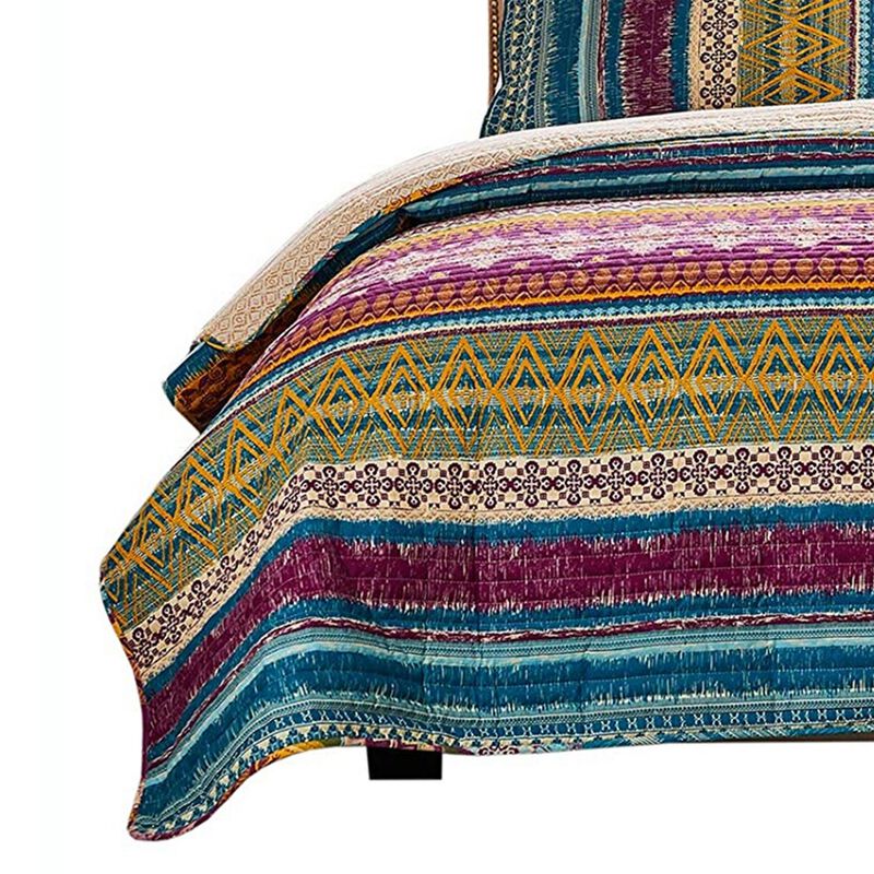 Tribal Motif Print Cotton Twin Quilt Set with 1 Pillow Sham, Multicolor - Benzara