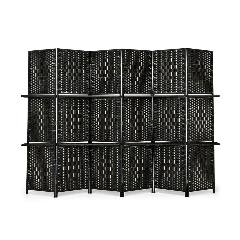 6 Panel Folding Weave Fiber Room Divider With 2 Display Shelves
