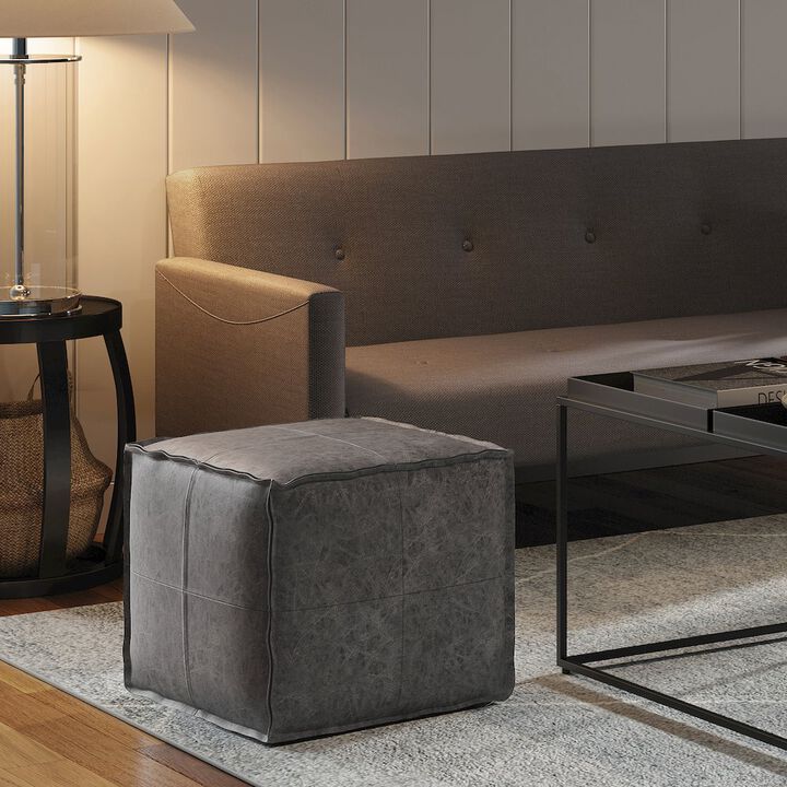 Simpli Home Brody Square Pouf In Distressed Black Vegan Faux Leather