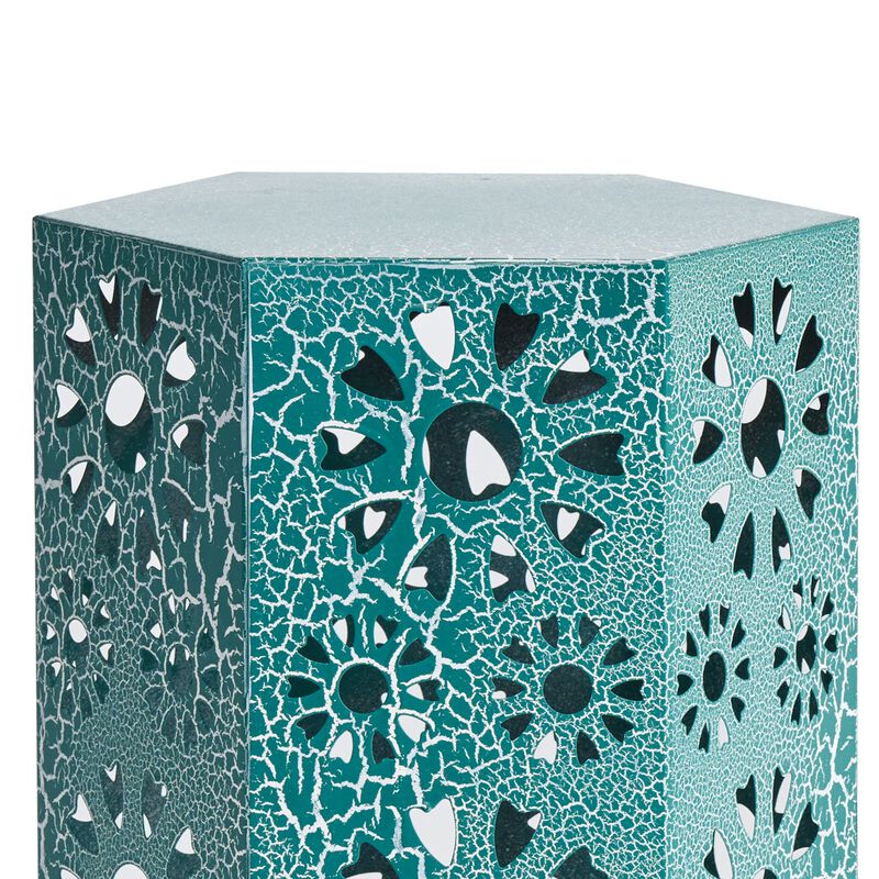 Liana Outdoor Side Table, Hexagonal 14 Inch, Sunburst Cut Out, Teal - Benzara