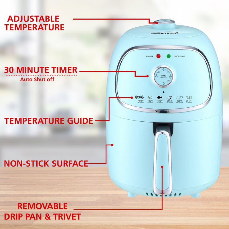 Brentwood AF-202BL 2 Quart Small Electric Air Fryer Blue with Timer and Temp Control
