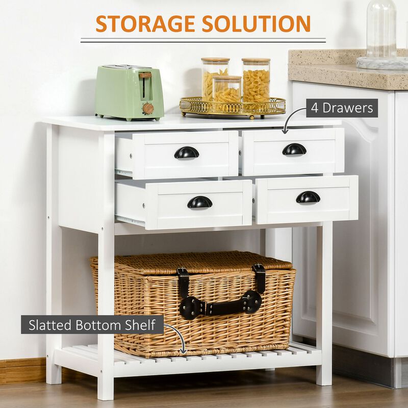 White Kitchen Buffet: Sideboard with 4 Drawers and Bottom Shelf