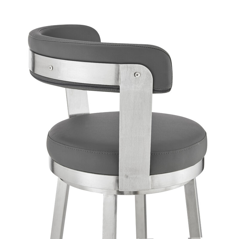 Bryant  Counter Height Swivel Bar Stool in Brushed Stainless Steel Finish and Gray Faux Leather
