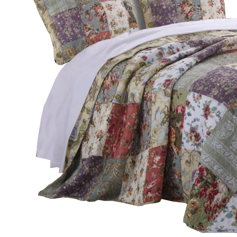 Chicago 3 Piece Fabric King Bedspread Set with Jacobean Prints, Multicolor - Benzara