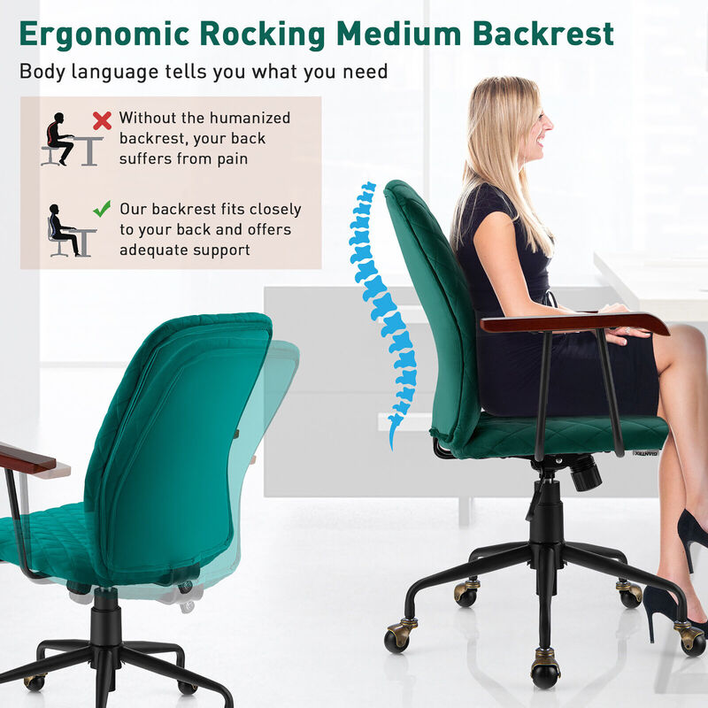 Costway Velvet Home Office Chair Swivel Adjustable Task Chair w/ Wooden Armrest Orange