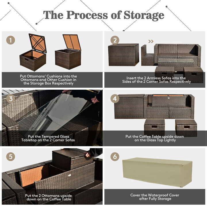 8 Pieces Patio Space-Saving Rattan Conversation Sets with Storage Box and Waterproof Cover