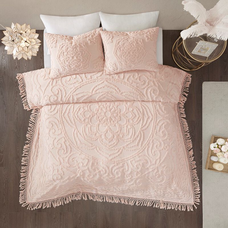 Gracie Mills Ray Boho Tufted Cotton Chenille Medallion Fringe Coverlet Set