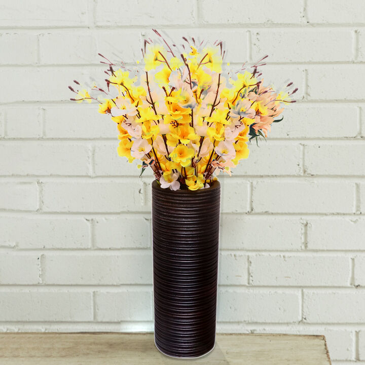 Brown Decorative Contemporary Mango Wood Ribbed Design Cylinder Shaped Table Vase, 16 Inch