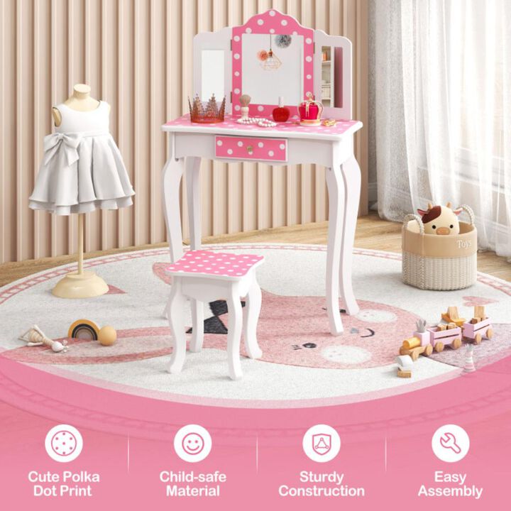 Hivvago Princess Pretend Play Makeup Dressing Table with Cute Polka Dot Print-Pink
