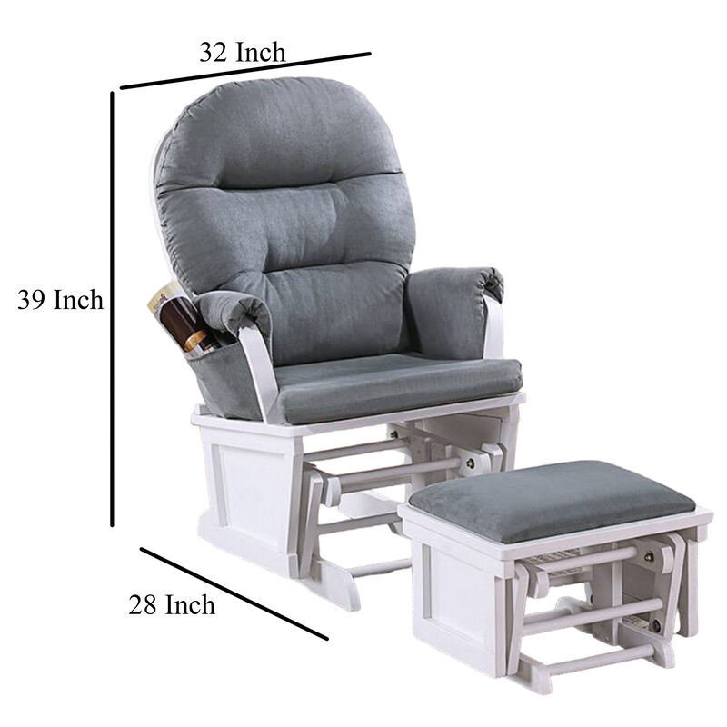 Noni Glider Manual Recliner Chair with Ottoman, White Wood, Gray - Benzara
