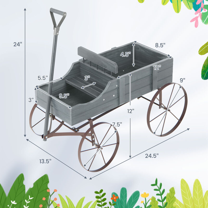 Wooden Wagon Plant Bed With Wheel for Garden Yard