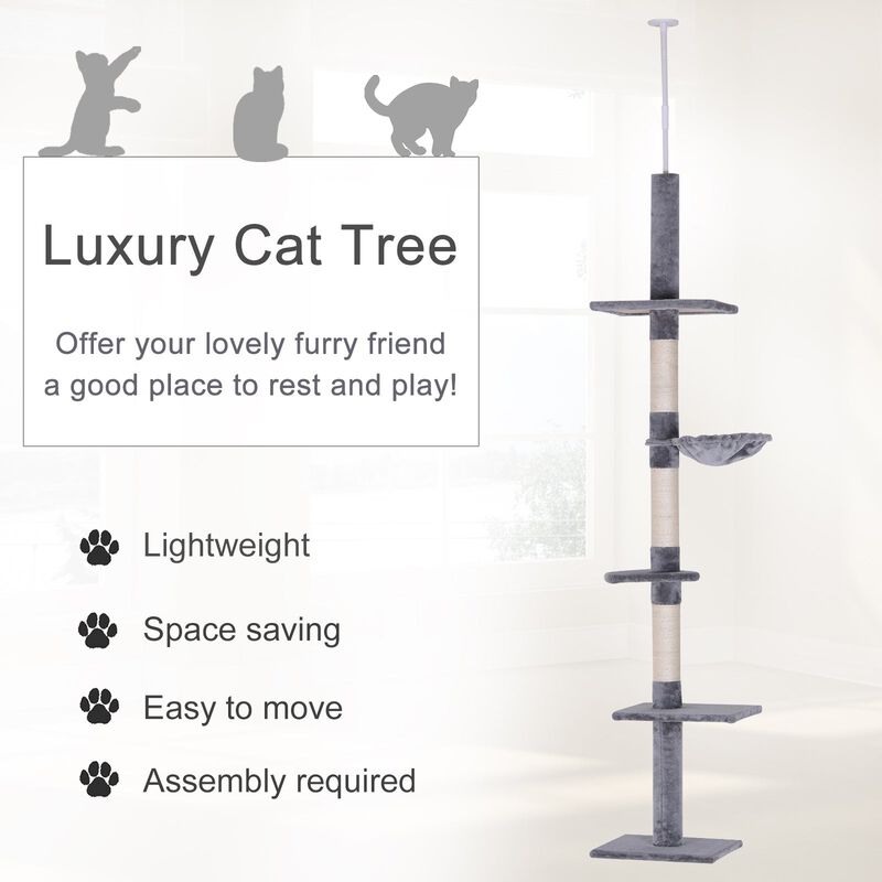 Grey Cat Climbing Tower: 85" Vertical Tree with Scratching Posts