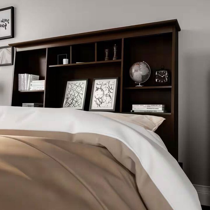 Farmhouse Style Bookcase Headboard with Wood Finish for Bedroom Storage