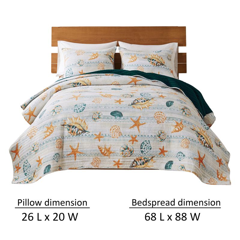 Carie 2pc XL Twin Quilt Set, Coastal Seashells, Blue Cotton Microfiber
