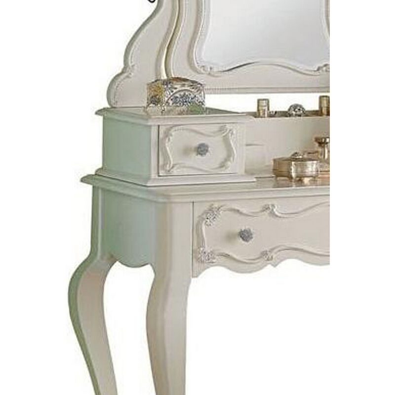 63 Inch Wood Classic Vanity Desk with Mirror, 3 Drawers, Carved, White - Benzara