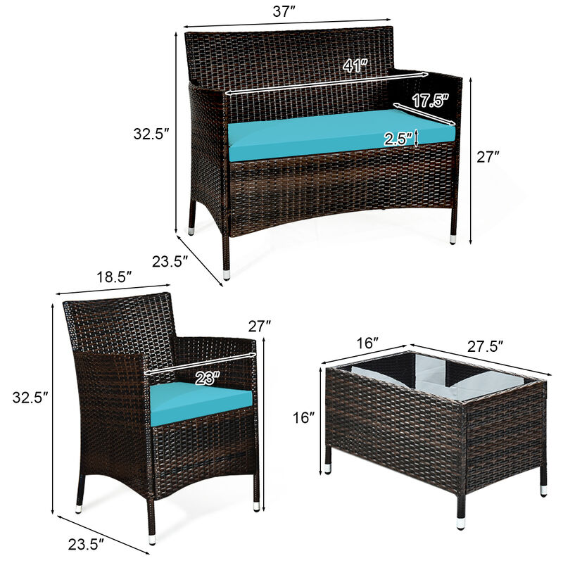 4 Pieces Comfortable Outdoor Rattan Sofa Set with Glass Coffee Table