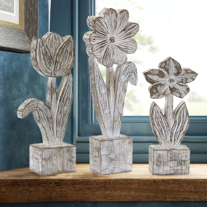 Decorative Potted Flowers Set of 3 in Resin and Stone Powder