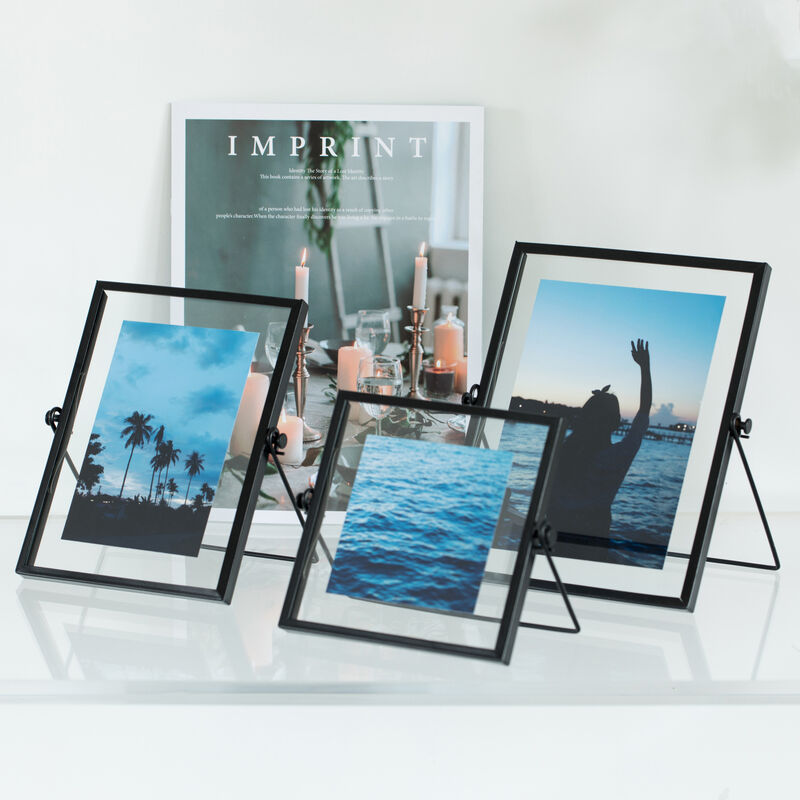 Modern Metal Floating Tabletop Square Photo Picture Frame with Glass Cover and Easel Stand, Black 4" x 4"
