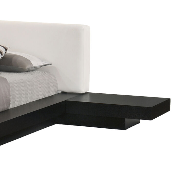 Nia King Platform Bed, White Faux Leather Upholstery Black Nightstands - Benzara