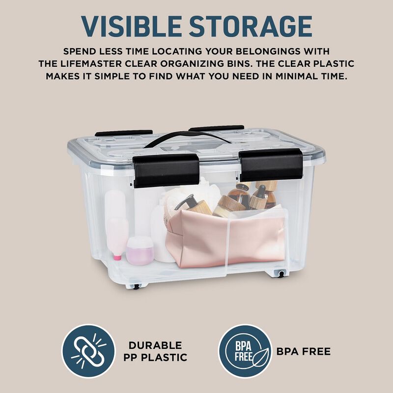 Stackable Storage Box Set - 6 Pieces 19 Quarts Multi-purpose, Space-Efficient Stackable Storage Boxes with Nestable Design, Secure Latches, Easy-Move Wheels & Pull-Out Base - Clear