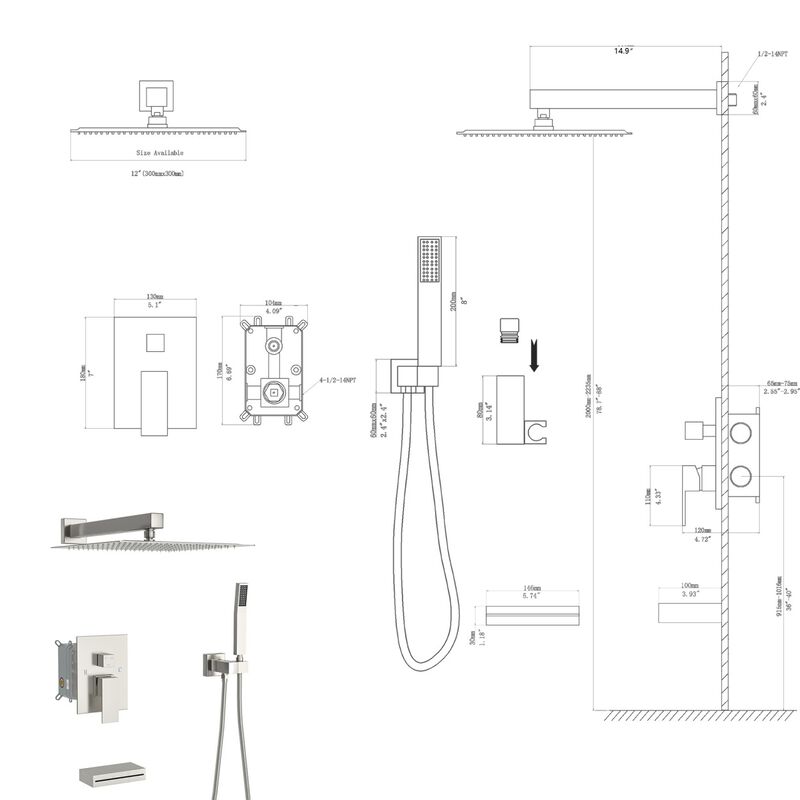 12" Rain Shower Head Systems With Waterfall Tub Spout, Brushed Nickel, Wall Mounted Shower 0000