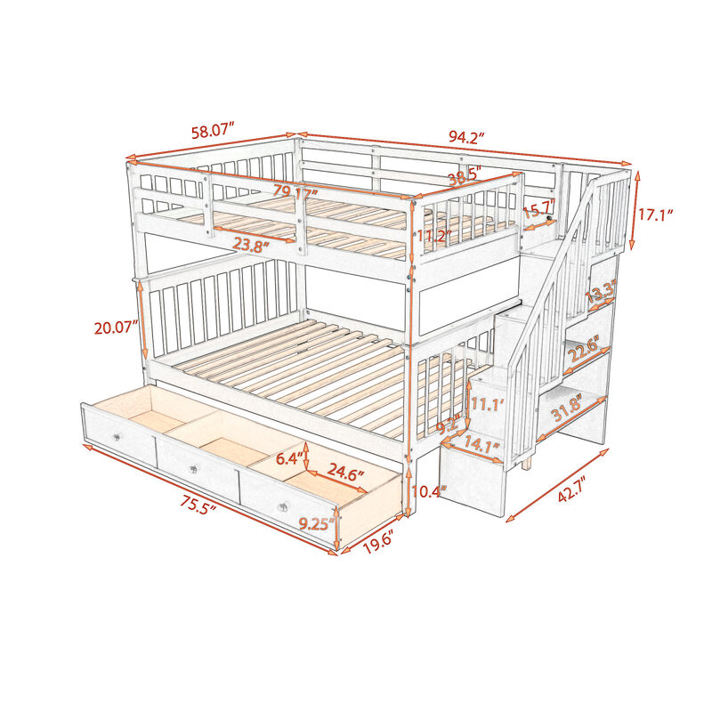 Stairway Full-Over-Full Bunk Bed With Drawer, Storage And Guard Rail For Bedroom