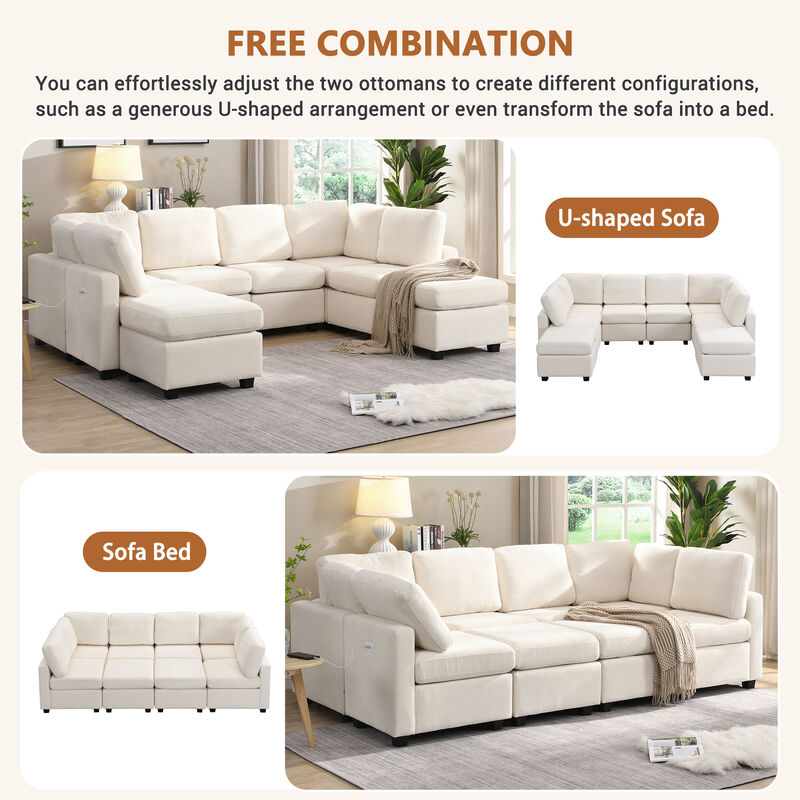 103" Sectional Sofa Couch Sofa Bed U-shaped Sofa with Two Movable Ottoman and Three USB Ports for Living Room, Grey