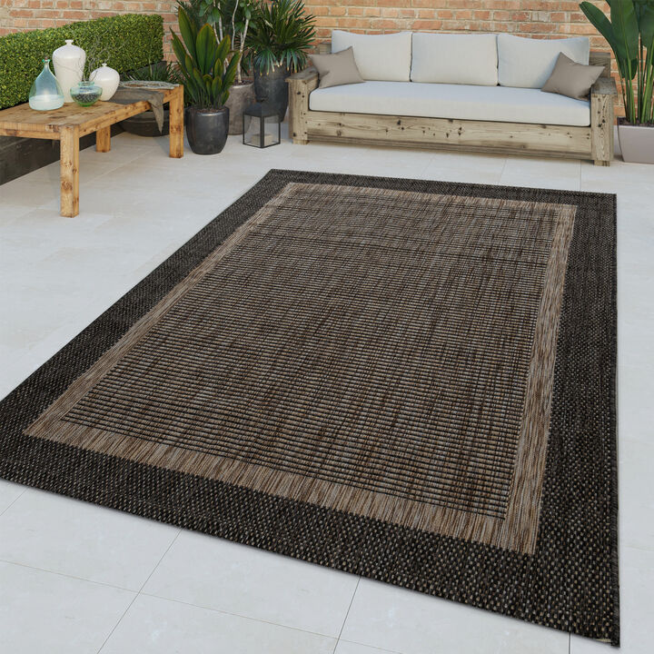 Outdoor Rug in Grey Brown, Rustic Style with Border for Patio or Balcony