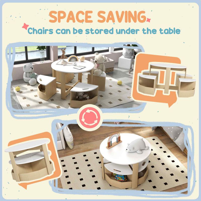 Qaba Kids Table and Chairs Set, 5 Piece Toddler Table and Chairs Set with Storage for Art, Craft, Drawing, Playroom, Classroom, Nursery, White