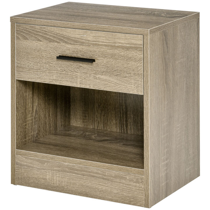 HOMCOM Side Table, Small End Table with Storage Shelf and Drawer, Modern Bedside Table for Bedroom or Living Room, Gray Wood Grain