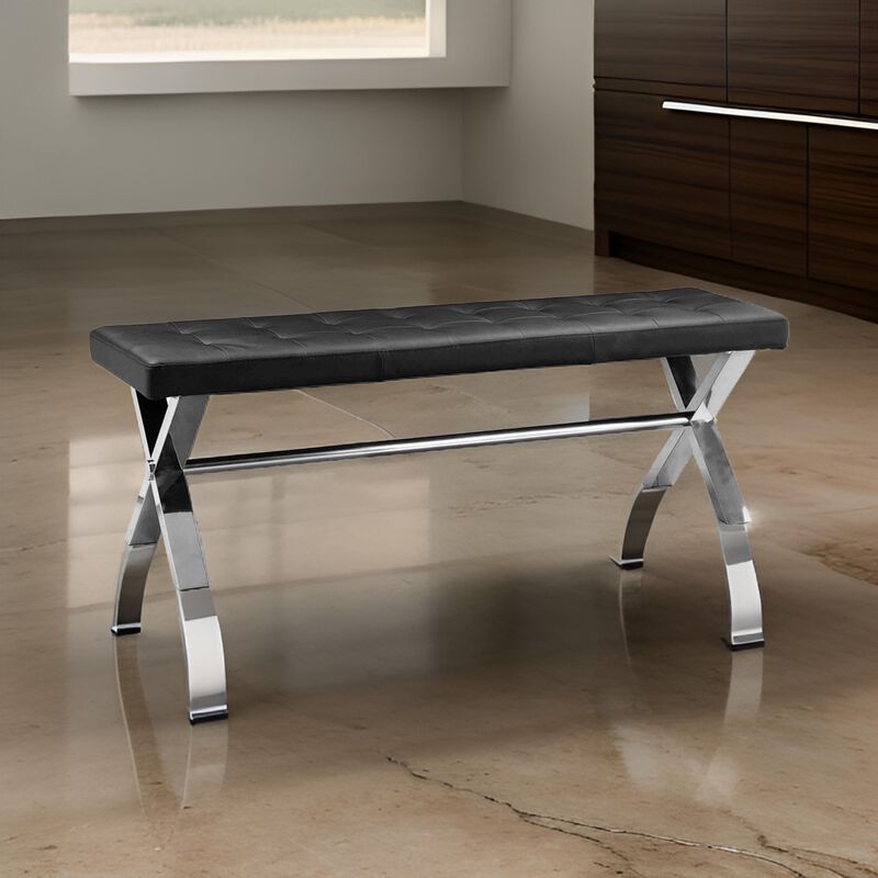 55 Inch Bench, Tufted Cushioned Seat, Smooth Black Faux Leather Upholstery - Benzara