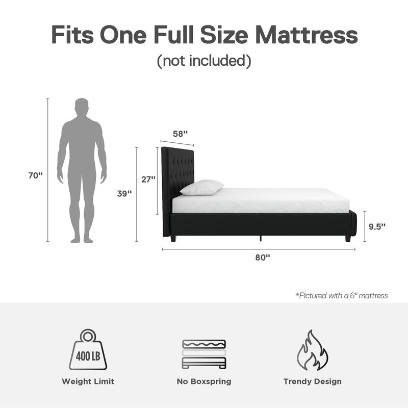 Atwater Living Dana Upholstered Bed, Full, Black Faux Leather