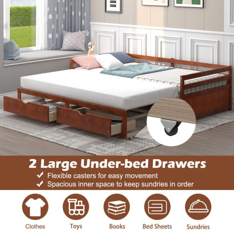 Hivvago Extendable Twin to King Daybed with Trundle and 2 Storage Drawers