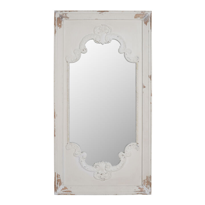 Wooden Rectangle Wall Mirror with Chipped Edges and Hook, White-Benzara